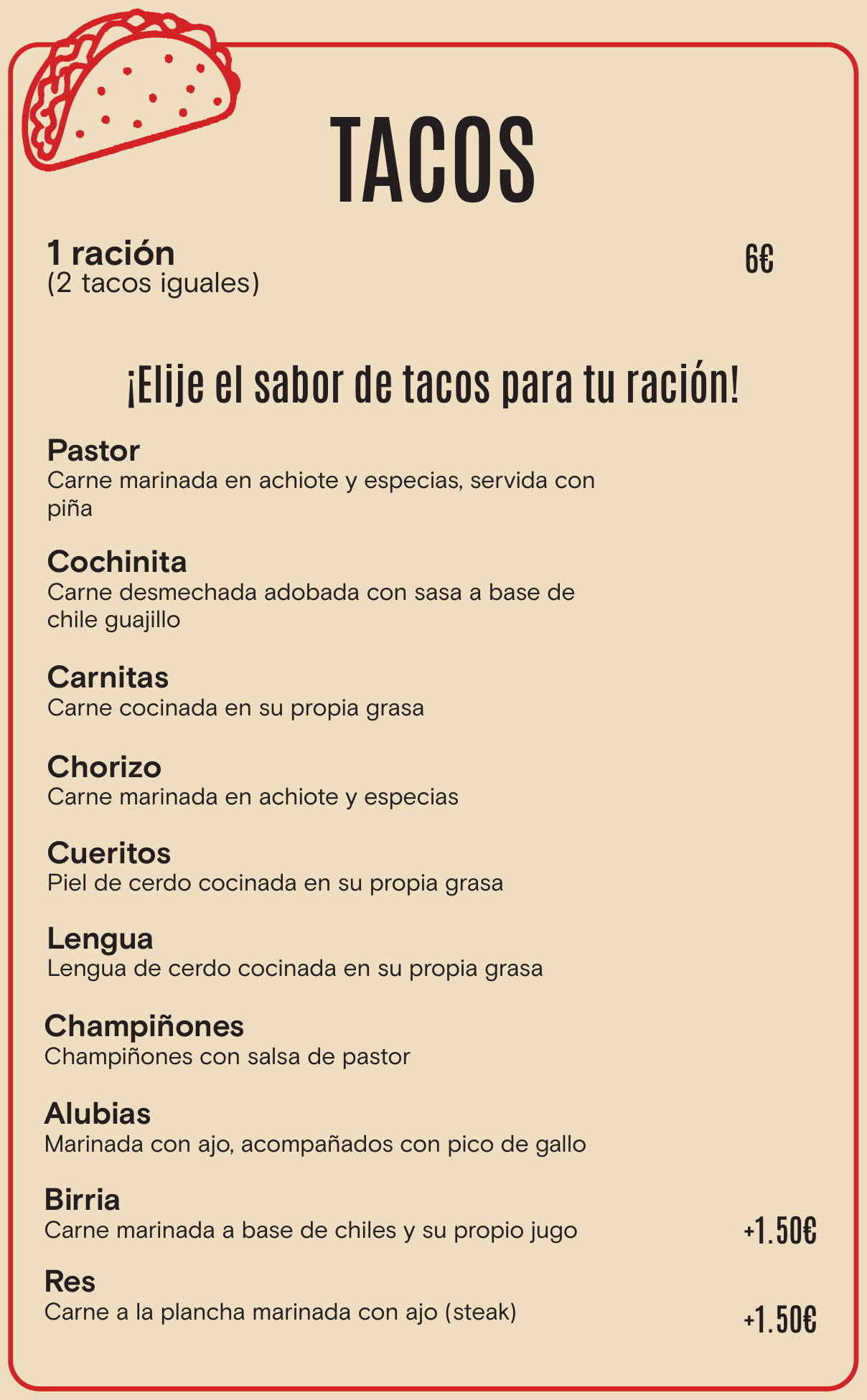 Carta de tacos de La Comadre Taquería